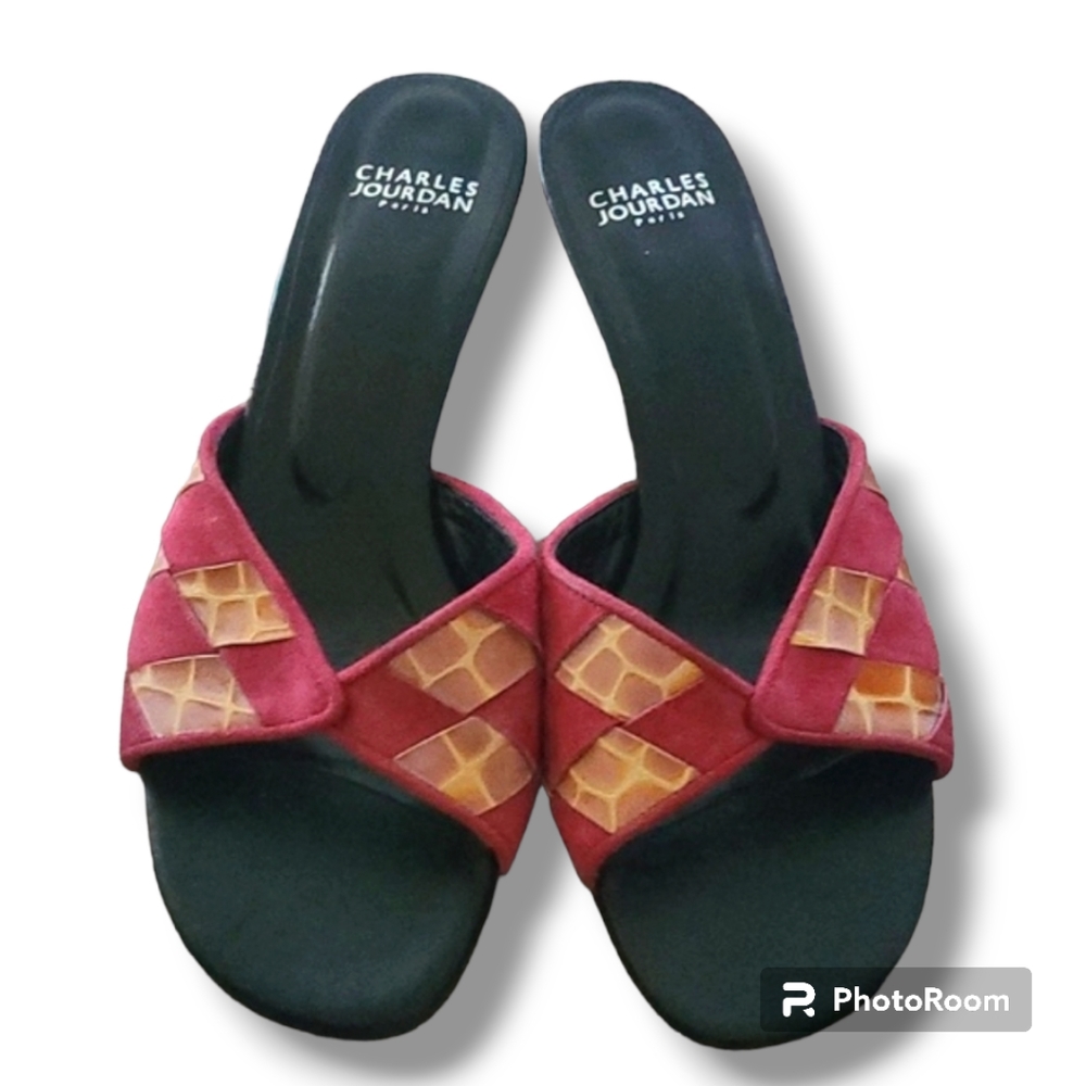 Charles Jourdan Red Gold Kitten Heel Sandals